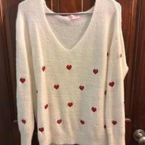 Pink Lily White V-Neck Sweater with Red Heart Details